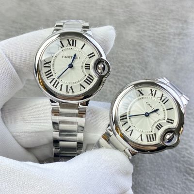 Top Grade Replica Cartier Ballon Bleu 316L Stainless Steel Case Black Roman Markers White Dial Watch