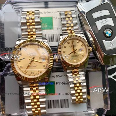 Perfect Replica Rolex Datejust All Gold Dial 2-Tone Band Couple Watch