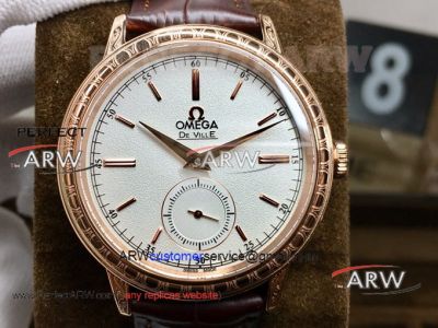 Perfect Replica Omega De Ville White Dial Rose Gold Case Brown Leather