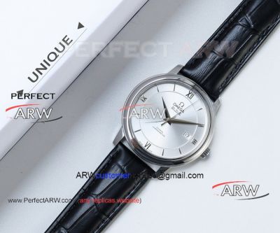 Perfect Replica Omega De Ville Silver Dial Black Strap Watch