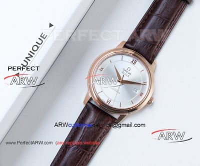 Perfect Replica Omega De Ville Silver Dial Brown Strap Watch