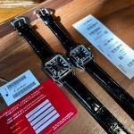 Perfect Replica Cartier Santos De Couple Watches Quartz Black Leather Strap